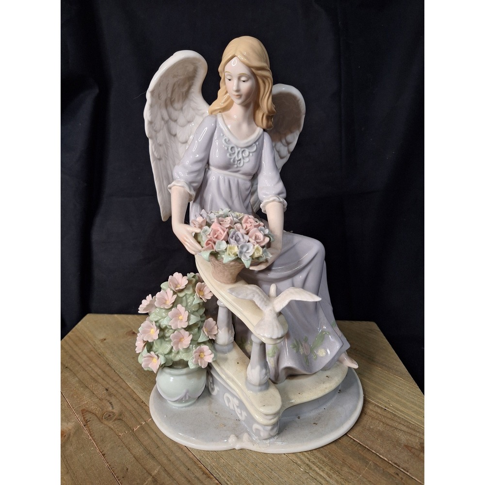Vintage Porcelain Angel‎ Figurine with Flowers and Dove Lavender Gown Ornament